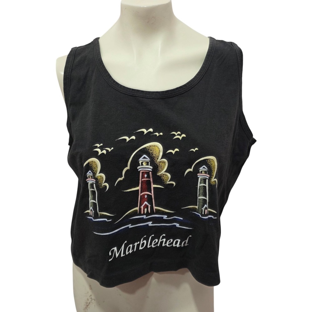 Vintage 90s Alore Marblehead Lighthouse Tank Top XS Black Single Stitch USA